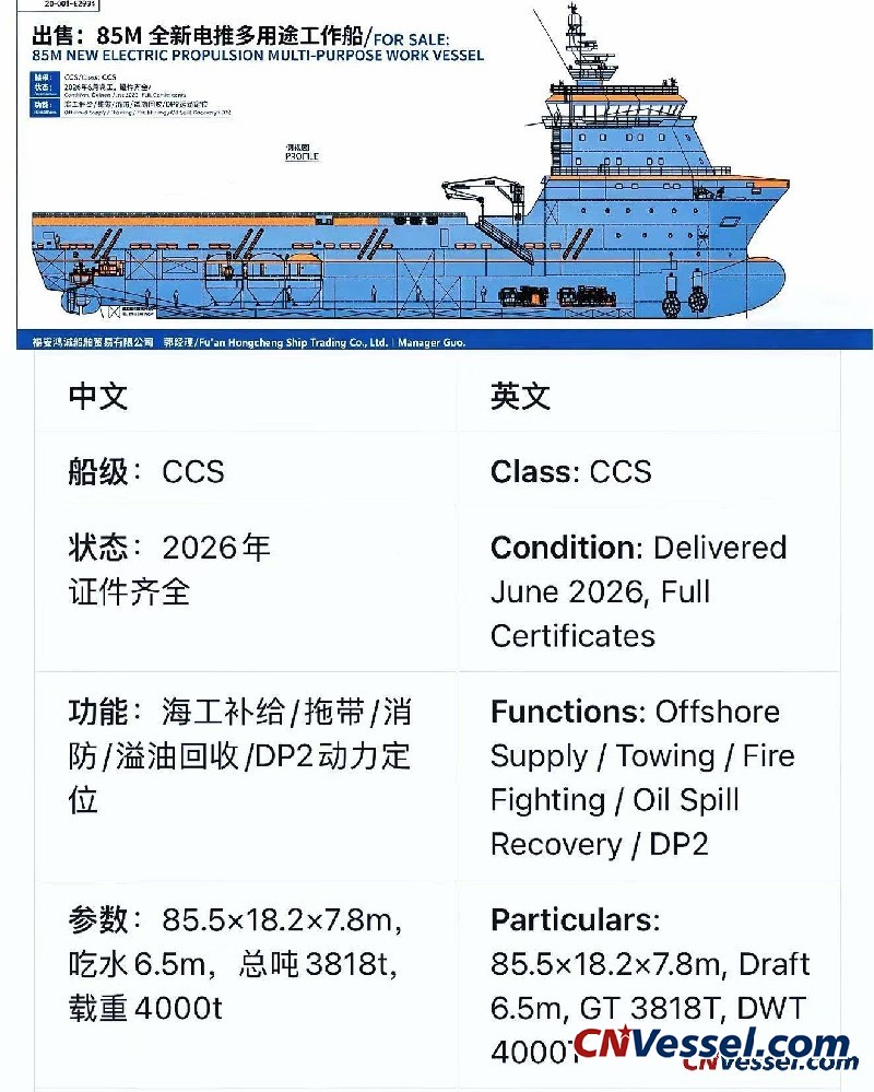 85m Multi-purpose Offshore AHTS Vessel for Sale – Unlimited Navigation Area